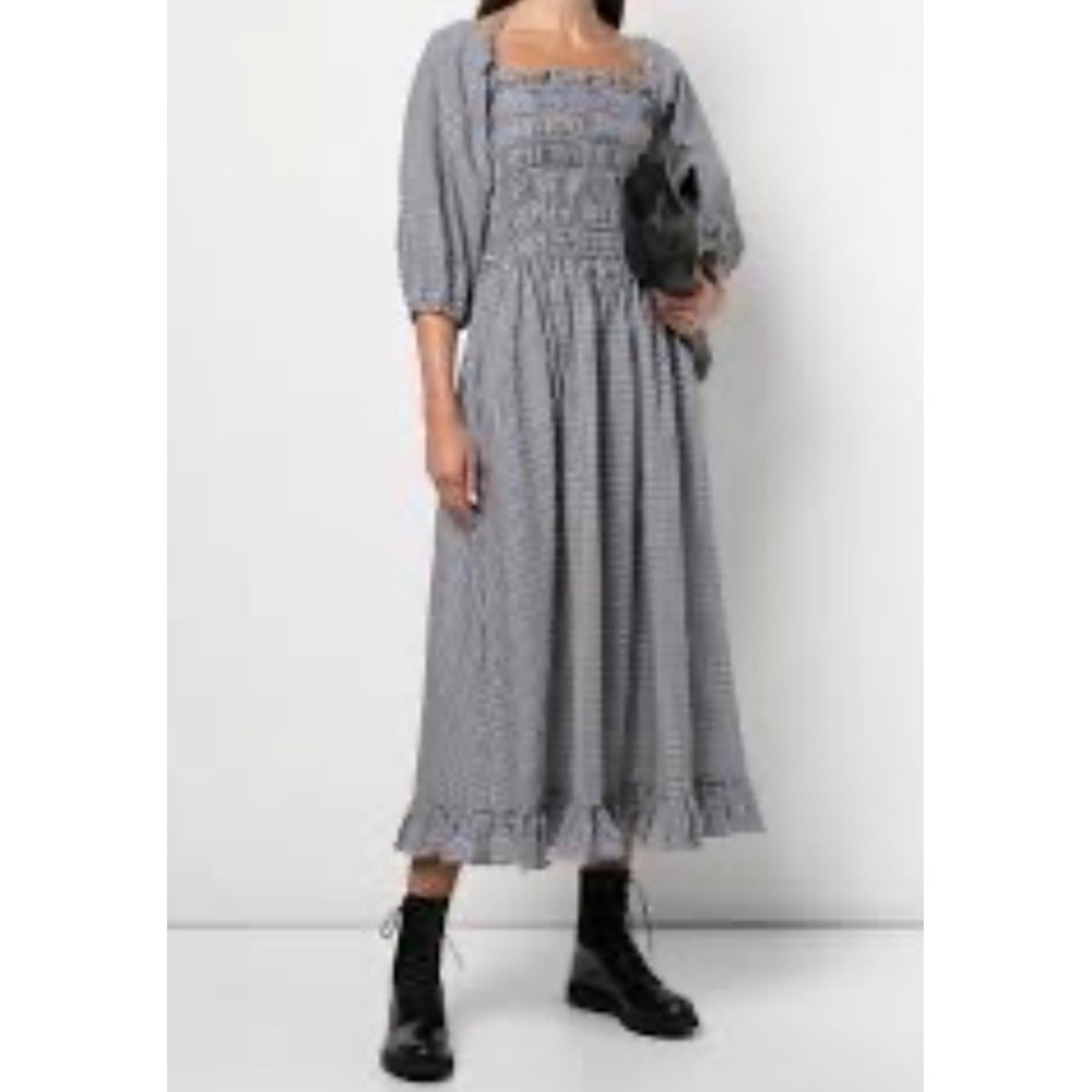 Sandy Liang Black White Gingham Smocked Puff Sleeve Midi Dress Pockets Size 2